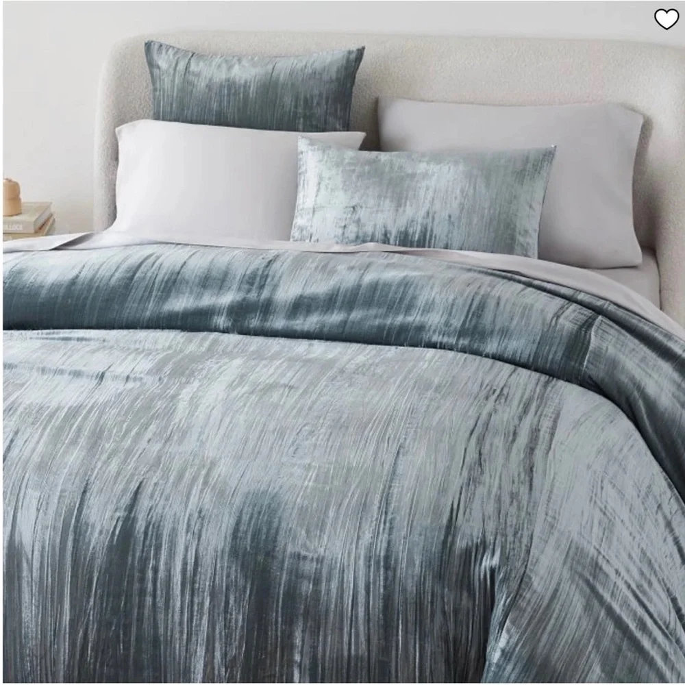 RARE West Elm FULL / QUEEN Crinkle Velvet Duvet Cover Silver Gray Blue Shimmer